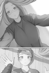 Rule 34 | 1boy, 1girl, age difference, all fours, blush, breasts, child, closed mouth, emiya shirou, fate/stay night, fate (series), female pov, girl on top, glasses, greyscale, hetero, highres, imminent kiss, large breasts, long hair, looking at viewer, lvl (sentrythe2310), medusa (fate), medusa (rider) (fate), monochrome, onee-shota, parted lips, pov, pov hair, raglan sleeves, square pupils, sweater