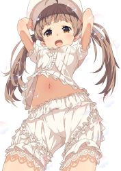Rule 34 | 10s, 1girl, :d, ahoge, arms up, bad id, bad twitter id, bloomers, blush, breasts, brown eyes, brown hair, camisole, from below, hakozaki serika, hand on headwear, hat, highres, idolmaster, idolmaster million live!, long hair, looking at viewer, looking down, midriff, narumi arata, navel, open mouth, small breasts, smile, solo, twintails, underwear