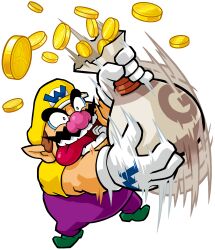 Rule 34 | 1boy, absurdres, big nose, brown hair, coin, facial hair, gloves, gold coin, green footwear, hat, highres, holding, holding sack, motion lines, mustache, nintendo, official art, overalls, pointy ears, purple overalls, sack, third-party source, tongue, tongue out, wario, wario land, wario land: shake it!, white gloves, yellow hat