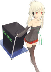 Rule 34 | 1girl, bad id, bad pixiv id, bare shoulders, black thighhighs, blonde hair, box, breasts, cable, cart, cleavage, detached sleeves, frilled skirt, frills, from above, green ribbon, headphones, highres, long hair, long sleeves, looking at viewer, mk (masatusaboten), original, pleated skirt, red eyes, ribbon, simple background, skirt, small breasts, smile, solo, standing, strapless, swept bangs, thighhighs, tube top, white background, zettai ryouiki