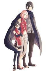 Rule 34 | 1boy, 2girls, arm around shoulder, bad id, bad pixiv id, bare shoulders, black eyes, black hair, black legwear, blush, boruto: naruto the movie, boruto: the movie, cape, cloak, crossed arms, elbow gloves, facial mark, family, father and daughter, fingerless gloves, forehead, forehead mark, glasses, gloves, green eyes, hairband, hand on another&#039;s shoulder, haruno sakura, husband and wife, lips, lipstick, looking at viewer, makeup, mother and daughter, multiple girls, naruto, naruto (series), pink hair, red-framed eyewear, shoes, short hair, shorts, suzu (tg 390), szk sssk, thighhighs, toeless footwear, uchiha sarada, uchiha sasuke, white background