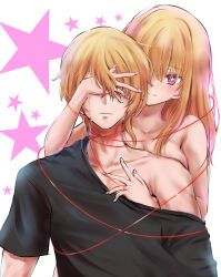 Rule 34 | 1boy, 1girl, black shirt, blonde hair, breast press, breasts, brother and sister, closed mouth, clothed male nude female, collarbone, commentary request, covering another&#039;s eyes, crying, hair between eyes, highres, hoshino aquamarine, hoshino ruby, incest, kimura shuuichi, long hair, medium breasts, nail polish, nude, oshi no ko, parted lips, partial commentary, pink eyes, pink nails, shirt, short hair, siblings, sidelocks, single bare shoulder, single off shoulder, star-shaped pupils, star (symbol), string, string of fate, symbol-shaped pupils, t-shirt, tears, twins, white background