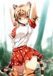 Rule 34 | 10s, 1girl, animal ears, arms up, breast pocket, breasts, cat ears, cat tail, checkered clothes, checkered necktie, checkered skirt, commentary request, kemono friends, large breasts, looking at viewer, miniskirt, necktie, outdoors, pocket, print thighhighs, red skirt, school uniform, serval tail, shirt tucked in, short hair, short sleeves, skindentation, skirt, solo, tail, thighhighs, tiger (kemono friends), tiger ears, tiger tail, v-shaped eyebrows, watarui, yellow eyes