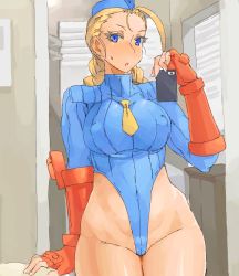 Rule 34 | 1girl, blonde hair, breasts, cammy white, capcom, chair, curvy, female focus, hat, highres, large breasts, leotard, long hair, looking at viewer, minakami (flyingman555), nipples, no bra, partially visible vulva, selfie, shiny skin, solo, standing, street fighter