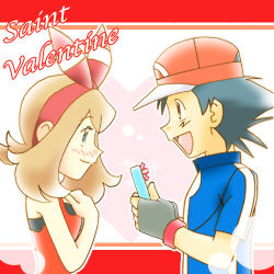 Rule 34 | 1boy, 1girl, ash ketchum, baseball cap, black gloves, black hair, blue eyes, blue shirt, brown hair, closed eyes, creatures (company), eye contact, game freak, gloves, hand on own chest, happy valentine, hat, headband, heart, looking at another, lowres, may (pokemon), nintendo, partially fingerless gloves, pokemon, pokemon (anime), pokemon oras, pokemon rse (anime), pokemon xy (anime), red headband, red headwear, red ribbon, red shirt, ribbon, shirt, short hair, sleeveless, sleeveless shirt, spaghetti strap, spiked hair, upper body