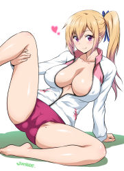Rule 34 | 10s, 1girl, areola slip, artist name, ass, barefoot, blonde hair, blue ribbon, blush, breasts, buruma, cameltoe, cleavage, collarbone, covered erect nipples, hair ribbon, heart, huge breasts, impossible clothes, jacket, joy ride, kawakami mai, leg up, long hair, looking at viewer, mole, mole on thigh, mole under eye, musaigen no phantom world, no bra, open clothes, open jacket, purple eyes, pussy, ribbon, side ponytail, sitting, smile, solo, spread pussy, spread pussy under clothes, track jacket