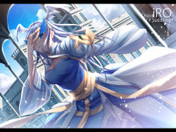 Rule 34 | 1girl, arch bishop (ragnarok online), blue dress, blue eyes, blue sky, breasts, building, cleavage, cleavage cutout, clothing cutout, cloud, commentary, cowboy shot, cross, day, dress, dutch angle, english commentary, eye mask, hand over eye, head wings, highres, large breasts, letterboxed, long hair, long sleeves, looking at viewer, mizonaki, outdoors, parted lips, ragnarok online, sash, sky, smile, solo, two-tone dress, white dress, white hair, white wings, wide sleeves, wings, yellow sash