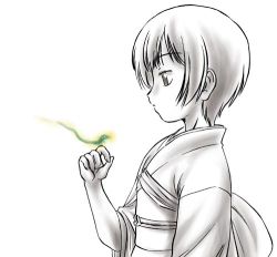 Rule 34 | 1girl, expressionless, japanese clothes, kimono, limited palette, looking to the side, lowres, monochrome, mushishi, obi, profile, renzu (mushishi), sash, short hair, solo, spot color, standing, white background