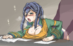 Rule 34 | 00s, 1girl, anacondy, anacondy (yes! precure 5), bent over, blue hair, breasts, cleavage, clothed sex, doggystyle, face, glasses, haganemaru kennosuke, hetero, large breasts, pointy ears, precure, sex, sex from behind, sketch, solo focus, text focus, vaginal, yes! precure 5