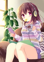 Rule 34 | 10s, 1girl, animal print, bare legs, blush, book, book stack, cable, cat print, chips (food), collarbone, couch, cup, dan ball, digital media player, dust, eyebrows, eyelashes, female focus, fingernails, food, girlish number, gradient background, hairband, headphones, holding, holding cup, hood, hood down, hooded sweater, indoors, karasuma chitose (girlish number), long sleeves, looking at viewer, mouth hold, on couch, on lap, open book, pillow, pink hair, plant, potted plant, purple skirt, short hair, sitting, skirt, solo, striped clothes, striped sweater, sunlight, sweater, tareme, thighs, window, zipper
