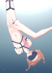 Rule 34 | 1girl, ass, bdsm, blindfold, blue background, blush, bondage, bound, braid, breasts, censored, collarbone, female focus, girls und panzer, gradient background, highres, navel, nipples, nude, open mouth, orange hair, orange pekoe (girls und panzer), peeing, pero (gessoyo), pussy, short hair, simple background, small breasts, solo, spread legs, twin braids