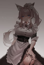 Rule 34 | 1girl, animal ear fluff, animal ears, apron, artist name, belt, black dress, black nails, black ribbon, black thighhighs, blue eyes, blush, breasts, cat ears, clothes lift, collared dress, cowboy shot, dress, dress lift, gradient background, grey background, groin, high ponytail, highres, lifted by self, long hair, looking at viewer, maid, maid apron, mole, mole under eye, mole under mouth, nail polish, neck ribbon, original, parted lips, ponytail, ribbon, shiro kanae, sidelocks, silver hair, skindentation, sleeves rolled up, solo, thigh strap, thighhighs, very long hair, white background