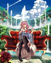 Rule 34 | 1girl, ankle lace-up, bad id, bad pixiv id, black thighhighs, cross-laced footwear, feet, female focus, flower, fountain, hairband, high heels, komeiji satori, no headwear, pink hair, red eyes, red flower, red rose, red upholstery, rose, shoes, short hair, single shoe, sitting, solo, thighhighs, touhou, yasumo (kuusouorbital)