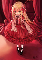 Rule 34 | 1girl, bad id, bad pixiv id, blonde hair, bow, dated, dress, faux traditional media, frilled dress, frills, full body, green eyes, hair bow, hair ribbon, highres, lolita fashion, long hair, looking at viewer, mary janes, original, red theme, ribbon, shennai misha, shoes, smile, solo, standing, very long hair