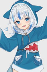 Rule 34 | 1girl, :d, animal hood, arms up, blue eyes, blue hair, blue hoodie, blunt bangs, commentary, drawstring, eyelashes, fins, fish bone, fish tail, gawr gura, gawr gura (1st costume), grey background, heart, highres, hololive, hololive english, hood, hood up, hoodie, long sleeves, looking at viewer, medium hair, multicolored hair, open mouth, pocket, shark hood, shark tail, sharp teeth, sidelocks, simple background, smile, solo, streaked hair, symbol-only commentary, tail, teeth, upper teeth only, virtual youtuber, wennananyan, white hair