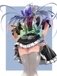 Rule 34 | alric, blue eyes, blue hair, bow, butterfly wings, hair bow, hairband, insect wings, long hair, looking back, maid, maid headdress, original, panties, panty pull, solo, thighhighs, twintails, underwear, wings