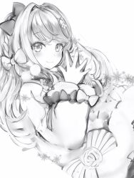 Rule 34 | 1girl, absurdres, blush, bow, closed mouth, diamond (shape), diamond hair ornament, fingernails, flower, hair bow, hair intakes, hair ornament, hairclip, highres, indie virtual youtuber, long hair, looking at viewer, monochrome, nanashi (nlo), own hands together, pom pom (clothes), ribbon, rose, simple background, smile, solo, striped ribbon, swept bangs, virtual youtuber, watagashi unou, white background, x hair ornament