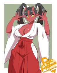 Rule 34 | 1girl, agawa ryou, artist name, bad id, bad tumblr id, black hair, blonde hair, breasts, cleavage, colored skin, fang, fang out, hakama, hakama skirt, horns, japanese clothes, large breasts, long hair, looking at viewer, miko, oni, oni horns, red skin, signature, skirt, smile, solo, twintails, watermark, web address
