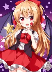 Rule 34 | 1girl, :d, bat wings, black skirt, black wings, blonde hair, bow, bowtie, elis (touhou), facial mark, frilled skirt, frills, gradient background, hair bow, highres, holding, holding wand, long hair, looking at viewer, open mouth, purple background, red bow, red bowtie, red eyes, red skirt, red star, ruu (tksymkw), shirt, short sleeves, skirt, smile, solo, star (symbol), star tattoo, star wand, starry background, tattoo, touhou, touhou (pc-98), wand, white shirt, wings