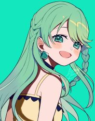 Rule 34 | 1girl, blush, braid, camisole, character request, commentary request, copyright request, dice, dice earrings, green background, green hair, kisaragi yuu (fallen sky), long hair, looking at viewer, open mouth, shadow, simple background, smile, solo, upper body, yellow camisole