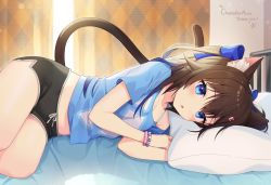 Rule 34 | 1girl, animal ears, black shorts, blue bow, blue shirt, blush, bow, bra, bra strap, brown hair, cat ears, cat tail, commission, dolphin shorts, grey bra, hair bow, hair ornament, hairclip, head on pillow, konogi nogi, long hair, looking at viewer, lying, on bed, on side, original, parted lips, pillow, shirt, short sleeves, shorts, skeb commission, solo, tail, underwear, vrchat, wristband