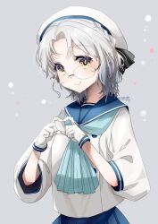 Rule 34 | 1girl, blue neckerchief, blue sailor collar, blue skirt, brown eyes, glasses, gloves, grey background, grey hair, hat, heart, heart hands, highres, hirato (kancolle), kantai collection, kimura shiki, long sleeves, neckerchief, one-hour drawing challenge, pleated skirt, sailor collar, sailor hat, school uniform, serafuku, short hair, simple background, skirt, solo, upper body, wavy hair, white gloves
