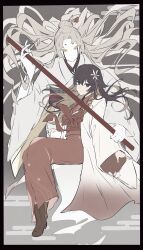 Rule 34 | 2girls, absurdres, black border, black eyes, black hair, boots, border, brown footwear, bungou stray dogs, closed mouth, flower, full body, grey background, hair bun, hair flower, hair ornament, highres, holding, holding polearm, holding weapon, izumi kyouka (bungou stray dogs), japanese clothes, jellyfish sz, kimono, long hair, looking at viewer, multiple girls, polearm, red kimono, sitting, weapon, white hair, white kimono, wide sleeves, yasha shirayuki (bungou stray dogs), yellow eyes