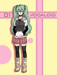 Rule 34 | 1girl, black thighhighs, boots, breasts, camisole, casual, choker, collarbone, copyright name, fashion, fuku (mahoeshi), full body, green eyes, green hair, hands in pocket, hands in pockets, hatsune miku, hood, hood down, hoodie, jitome, long hair, looking at viewer, matching hair/eyes, pleated skirt, raglan sleeves, skirt, small breasts, solo, spaghetti strap, thighhighs, twintails, vocaloid, zettai ryouiki