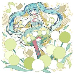 Rule 34 | 1girl, :d, aqua eyes, aqua hair, commentary request, dandelion, dress, eighth note, elina (e2n04n), flower, green dress, green flower, hand on own chest, hatsune miku, leaf, leg ribbon, long hair, long sleeves, looking at viewer, musical note, open mouth, pom pom (clothes), puffy dress, puffy long sleeves, puffy sleeves, ribbon, sheet music, signature, single sleeve, single thighhigh, smile, solo, thighhighs, twintails, very long hair, vocaloid, white thighhighs, wrist ribbon, yellow flower