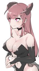 1girl, bad id, bad pixiv id, bangs, bare shoulders, black gloves, blush, breasts, choker, cleavage, demon girl, elbow gloves, covered erect nipples, eyebrows visible through hair, gloves, groin, hair ornament, hairclip, horns, jewelry, leotard, long hair, navel, original, pink hair, pocari sweat (artist), purple eyes, revealing clothes, ring, simple background, smile, solo, demon girl, white background