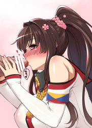 Rule 34 | 10s, 1boy, 1girl, blush, breasts, brown eyes, brown hair, censored, cherry blossoms, detached sleeves, fellatio, flower, hair flower, hair ornament, hanauna, hetero, highres, kantai collection, large breasts, long hair, nail polish, open \m/, oral, out of frame, penis, kissing penis, ponytail, solo focus, very long hair, yamato (kancolle)