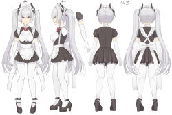 Rule 34 | 1girl, absurdres, ankle belt, apron, belt, black dress, black footwear, bow, bowtie, breasts, character sheet, commentary request, demon girl, demon horns, dress, elbow gloves, frilled apron, frills, gloves, grey hair, hair belt, hakaba (dairiseki), high heels, highres, horns, long hair, looking at viewer, maid, maid apron, maid headdress, medium breasts, multiple views, official art, open mouth, pantyhose, red bow, red bowtie, red eyes, second-party source, short sleeves, standing, tama project, tamatoyz, twintails, very long hair, virtual youtuber, weiss anne, white gloves, white pantyhose