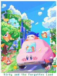Rule 34 | awoofy, bandana, bandana waddle dee, blue bandana, blue eyes, blue sky, blush, blush stickers, border, bug, building, butterfly, can, car, car mouth, closed eyes, cloud, commentary request, copyright name, crying, day, elfilin, fence, flower, grass, highres, insect, kirby, kirby (series), kirby and the forgotten land, leaf, motion lines, motor vehicle, mouthful mode, nintendo, no humans, omame sakana, one-eyed, outdoors, overgrown, riding, road, rock, shadow, sky, sleeping, star (symbol), star in eye, symbol in eye, tears, traffic cone, tree, waddle doo, white border, yellow butterfly
