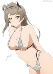 Rule 34 | 1girl, absurdres, alter real zero, arms behind back, artist name, bare shoulders, bow, breasts, brown eyes, cleavage, closed mouth, earrings, fang, female focus, grey bow, grey hair, hair bow, hairband, highres, jewelry, large breasts, leaning forward, long hair, looking at viewer, love live!, love live! school idol project, minami kotori, navel, simple background, smile, solo, standing, white background