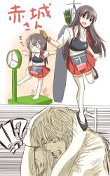 Rule 34 | 1boy, 1girl, a.a (aa772), akagi (kancolle), bad id, bad pixiv id, brown eyes, brown hair, chibi, comic, commentary, crossover, death note, highres, japanese clothes, kantai collection, long hair, muneate, parody, pleated skirt, skirt, thighhighs, translated, weighing scale, weight conscious, white background, white thighhighs, yagami light, zettai ryouiki