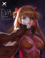 Rule 34 | 1girl, blue eyes, bodysuit, breasts, closed mouth, copyright name, evangelion: 2.0 you can (not) advance, eyelashes, eyepatch, hair between eyes, high collar, highres, interface headset, jacket, jacket on shoulders, light, lips, long hair, long sleeves, looking at viewer, medium breasts, multicolored bodysuit, multicolored clothes, neon genesis evangelion, nose, orange hair, pink lips, plugsuit, purple background, rebuild of evangelion, red bodysuit, red jacket, solo, souryuu asuka langley, tagme, upper body, y xun