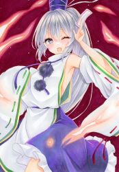 Rule 34 | 1girl, ;d, armpits, blue hat, blue skirt, commentary request, detached sleeves, fang, grey eyes, grey hair, hat, japanese clothes, kariginu, looking at viewer, mononobe no futo, natsume nadeshiko, ofuda, one eye closed, open mouth, pom pom (clothes), ponytail, red background, ribbon-trimmed sleeves, ribbon trim, skin fang, skirt, smile, solo, tate eboshi, touhou, traditional media, wide sleeves