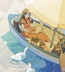Rule 34 | 1girl, :d, bird, black eyes, boat, book, bottle, brown hair, buttons, calico, canoe, cat day, coffee mug, cup, day, dress, food, from above, fumi futamori, long hair, looking at viewer, mug, open book, open mouth, orange dress, original, outdoors, paddle, parasol, paw print, ripples, sandwich, short sleeves, sidelocks, smile, solo, swan, umbrella, watercraft