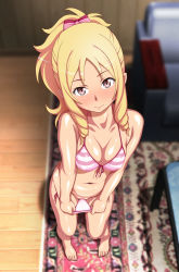 Rule 34 | 1girl, absurdres, bare arms, bare legs, barefoot, bikini, blonde hair, blush, bow, breasts, chair, clitoris, closed mouth, collarbone, drill hair, eromanga sensei, feet, female focus, floor, from above, front-tie bikini top, front-tie top, full body, hair bow, highres, indoors, looking at viewer, navel, ponytail, purple eyes, pussy, rug, shadow, side-tie bikini bottom, solo, standing, striped bikini, striped clothes, swimsuit, table, tan, twin drills, wooden floor, yamada elf, yanagi hirohiko