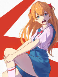 Rule 34 | 1girl, artist request, blue eyes, bow, bowtie, brown hair, collared shirt, from side, hair between eyes, highres, interface headset, long hair, neon genesis evangelion, school uniform, shirt, short sleeves, skirt, solo, souryuu asuka langley, suspender skirt, suspenders, tokyo-3 middle school uniform, tsundere, two side up, white shirt