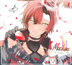 Rule 34 | 1boy, birthday cake, bishounen, black choker, cake, choker, closed mouth, food, fork, fruit, hat, highres, holding, holding fork, holostars, holostars english, incoming food, looking at viewer, machina x flayon, male focus, party hat, red hair, short hair, simple background, solo, strawberry, upper body, white background, xmayo0x