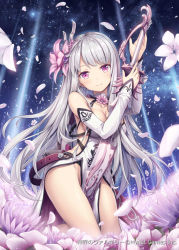 Rule 34 | 1girl, akkijin, bare shoulders, breasts, flower, garden, hair flower, hair ornament, holding, holding weapon, long hair, looking at viewer, medium breasts, night, night sky, official art, petals, pink eyes, seiza, shinkai no valkyrie, silver hair, sitting, sky, star (sky), starry sky, sword, weapon, weapon bag