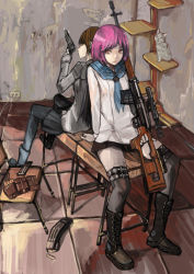 Rule 34 | 2girls, back-to-back, bad id, bad pixiv id, boots, canking, cat, dragunov svd, muzzle device, gun, highres, magazine (weapon), multiple girls, original, pink hair, rifle, scope, sitting, skirt, sniper rifle, thighhighs, weapon