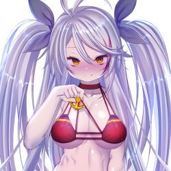 Rule 34 | 1girl, absurdres, anchor symbol, antenna hair, azur lane, bikini, bikini pull, black ribbon, blush, breasts, choker, closed mouth, clothes pull, german flag, hair between eyes, hair ribbon, highres, large breasts, long hair, looking at viewer, multicolored hair, nanaken nana, nose blush, prinz eugen (azur lane), prinz eugen (unfading smile) (azur lane), pulled by self, red bikini, red choker, ribbon, silver hair, simple background, smile, solo, streaked hair, swimsuit, two side up, upper body, white background, yellow eyes
