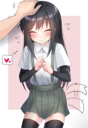 Rule 34 | 1girl, ^ ^, arm warmers, asashio (kancolle), black hair, black thighhighs, blush, closed eyes, closed mouth, commentary request, cowboy shot, dog tail, flying sweatdrops, hand on another&#039;s head, headpat, heart, kantai collection, kemonomimi mode, long hair, pleated skirt, sasakura (calicchio), school uniform, shirt, short sleeves, simple background, skirt, smile, solo focus, spoken heart, suspenders, tail, tail wagging, thighhighs, white shirt