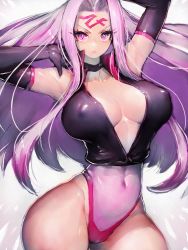 Rule 34 | 1girl, adapted costume, armpits, bare shoulders, black gloves, breasts, cleavage, covered navel, cropped legs, elbow gloves, facial mark, fate/stay night, fate (series), forehead, forehead mark, fumio (rsqkr), gloves, highres, large breasts, leotard, long hair, medusa (fate), medusa (rider) (fate), navel, pink eyes, popped collar, simple background, solo, thick thighs, thighs, very long hair, wide hips