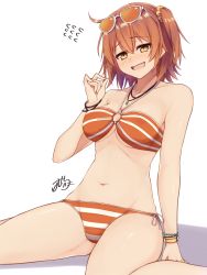 Rule 34 | 1girl, ahoge, arm at side, bad id, bad pixiv id, bikini, blush, bracelet, breasts, cleavage, embarrassed, eyewear on head, fate/grand order, fate (series), flying sweatdrops, from side, fujimaru ritsuka (female), fujimaru ritsuka (female) (brilliant summer), gem, green gemstone, hair between eyes, hair ornament, hair scrunchie, half-closed eyes, halterneck, hand up, highres, jewelry, looking at viewer, medium breasts, navel, necklace, nose blush, o-ring, o-ring bikini, o-ring top, official alternate costume, open mouth, orange bikini, orange hair, orange scrunchie, parted bangs, playing with own hair, ramchi, scrunchie, shadow, short hair, side-tie bikini bottom, side ponytail, signature, simple background, sitting, solo, spread legs, stomach, striped bikini, striped clothes, sunglasses, swimsuit, thighs, wariza, watch, white background, wristwatch, yellow eyes