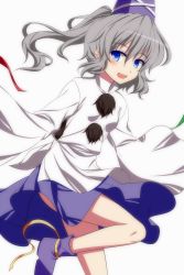 Rule 34 | 1girl, bad id, bad twitter id, blue eyes, hat, highres, isa, japanese clothes, kariginu, mononobe no futo, open mouth, pom pom (clothes), ponytail, ribbon, short hair, silver hair, simple background, skirt, smile, solo, tate eboshi, touhou, white background