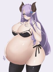 Rule 34 | 1girl, big belly, black bra, black thighhighs, blue eyes, blush, bra, braid, breasts, cleavage, closed mouth, cowboy shot, curvy, granblue fantasy, hair ornament, hair over one eye, hair tie, hands on own chest, highres, horns, huge breasts, lingerie, long hair, looking at viewer, narmaya (granblue fantasy), outie navel, panties, pointy ears, pregnant, purinpaw, purple hair, shiny skin, sidelocks, smile, solo, standing, thick thighs, thighhighs, thighs, underwear, very long hair, wide hips