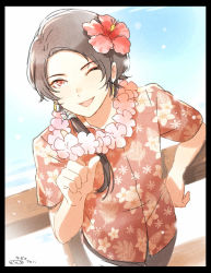 Rule 34 | 10s, 1boy, black border, border, brown hair, earrings, flower, flower necklace, from above, gradient background, hair flower, hair ornament, hawaiian shirt, jewelry, kashuu kiyomitsu, lei, long hair, looking at viewer, male focus, mizuhara aki, necklace, one eye closed, open mouth, ponytail, red eyes, shirt, solo, touken ranbu